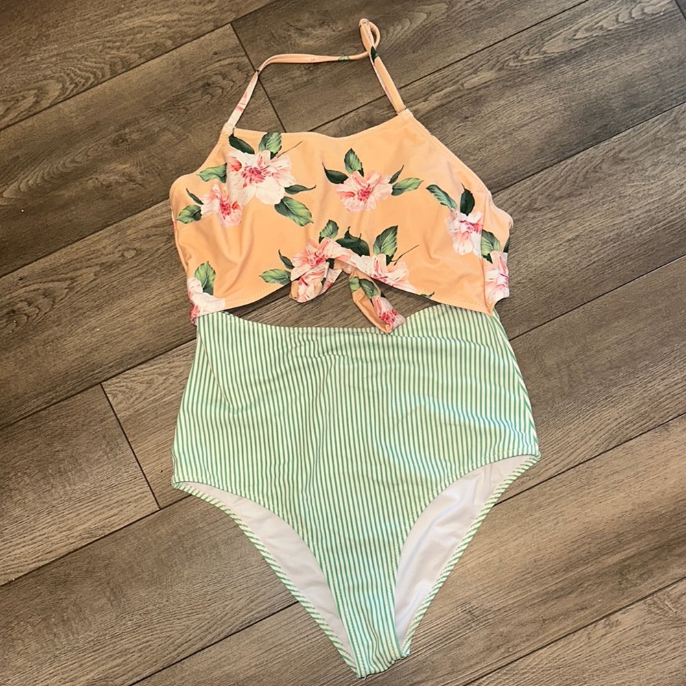 Floral and Striped Swimsuit Medium